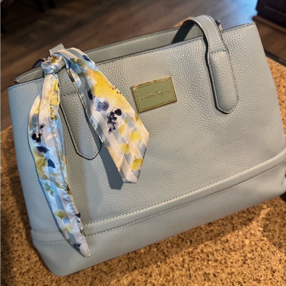 Nanette Lepore Light Pastel Blue Shoulder Tote Bag with Decorative Scarf